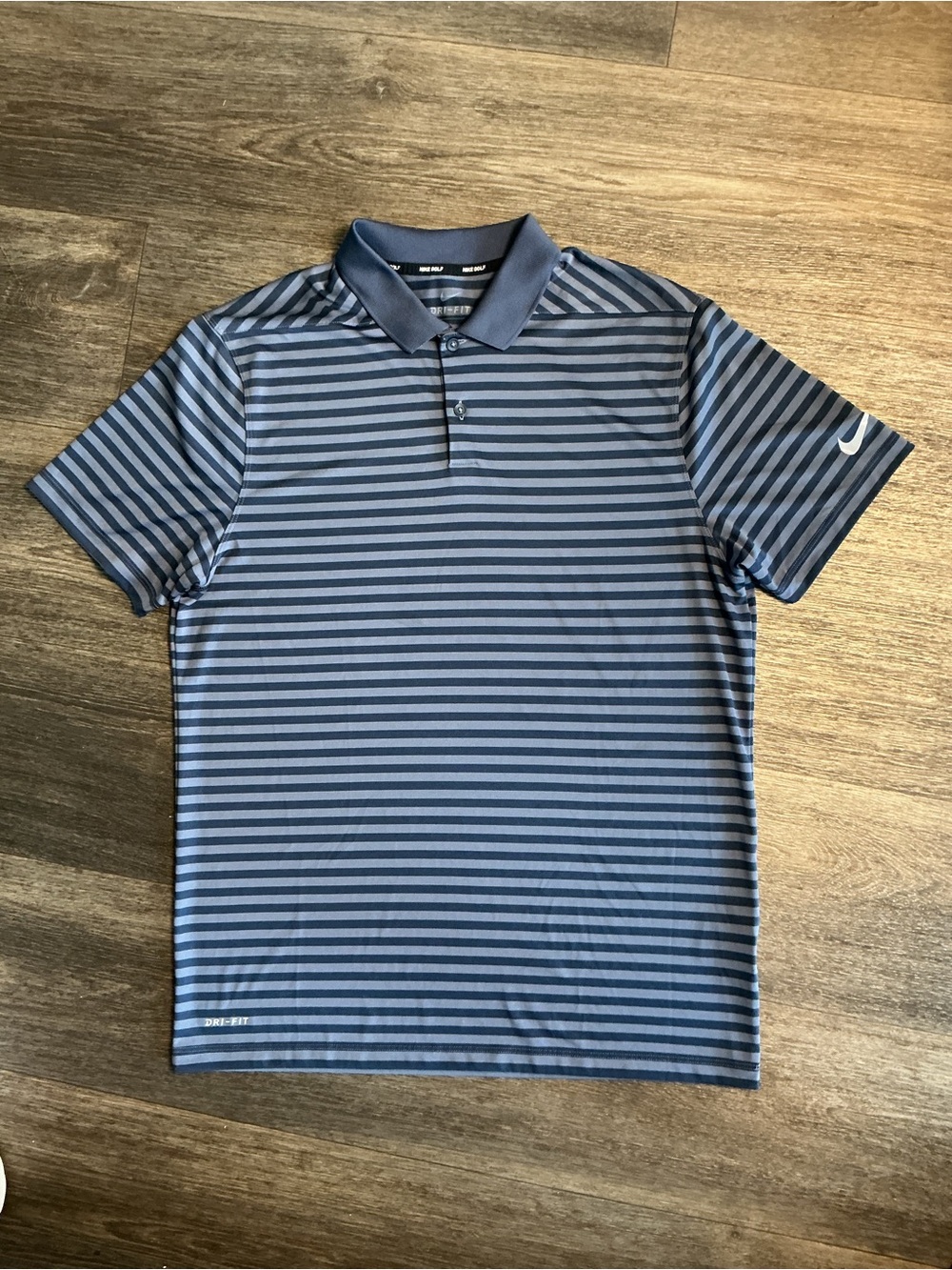 Nike Men's Navy and Light Blue Striped Polo